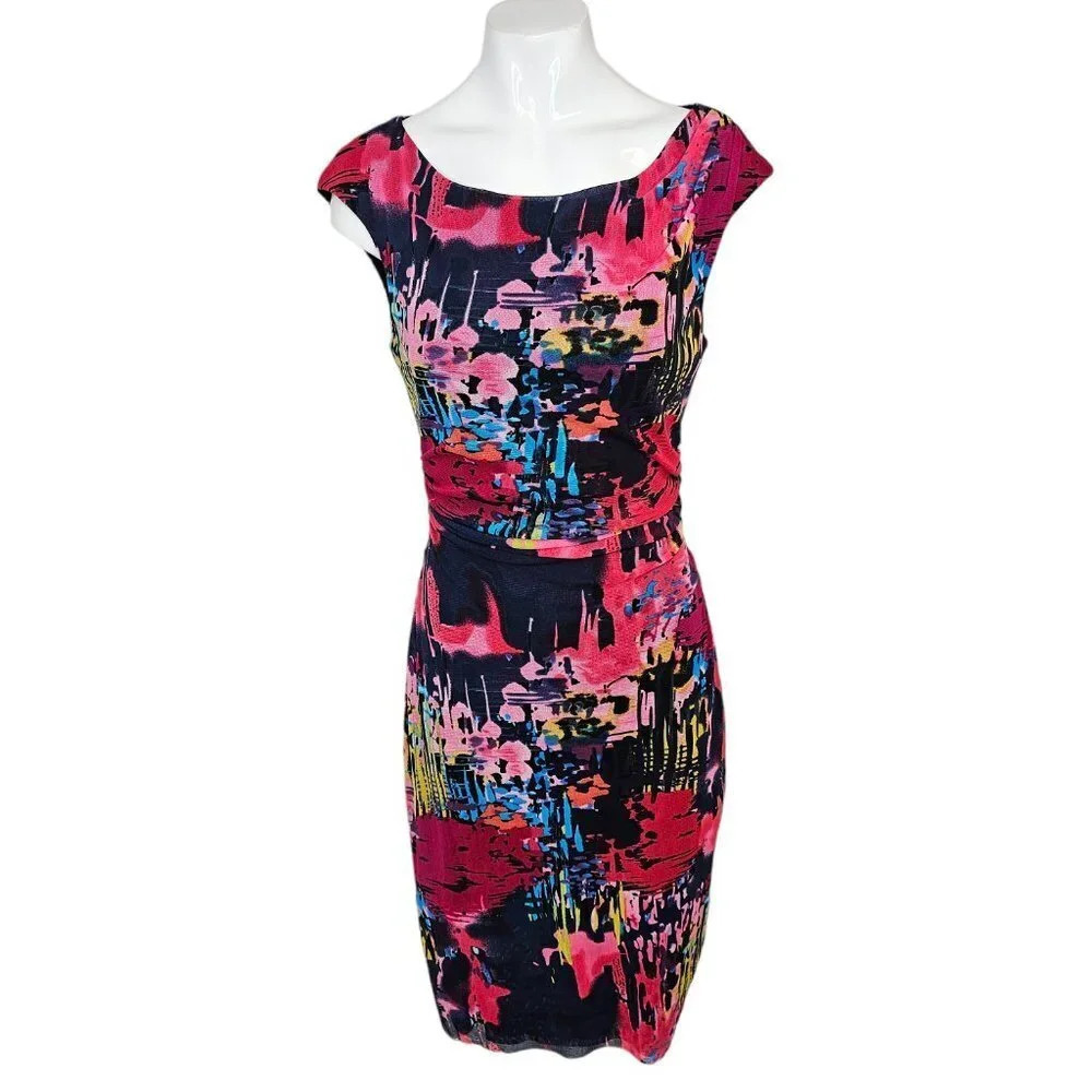 Kay Unger New York Womens Nylon Ruched Abstract Midi Dress Size Small